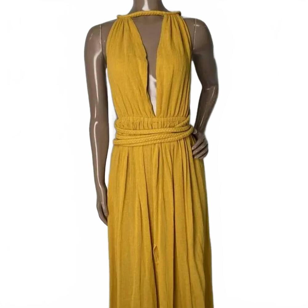 NEW SPIRITUM TULUM women’s itzia boho cotton gauze maxi dress in mustard